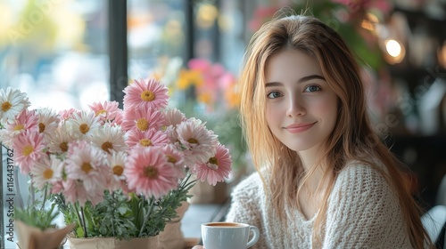 Young woman enjoying coffee in cafe surrounded by beautiful flowers on a sunn...