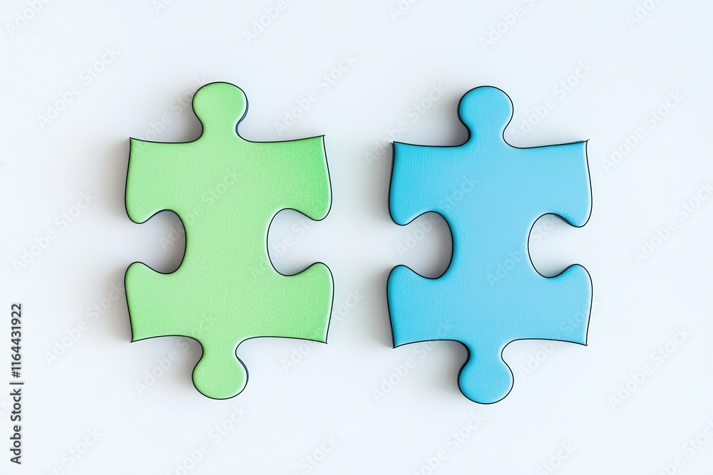 Puzzle components in bold blue and green tones interlocking seamlessly on a flat 2D design Puzzle components in bold blue and green tones interlocking seamlessly on a flat 2D design