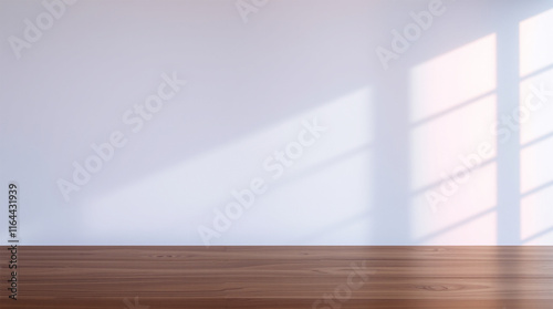 Empty Room with Wooden Floor and Window, top of wooden table with minimal white clear wall 