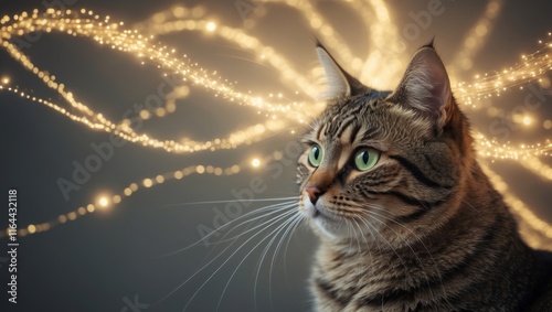 Tabby Cat Gazing at Magical Golden Lights photo