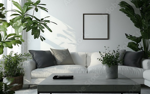 Modern living room interior with white sofa, plants, and a blank frame.