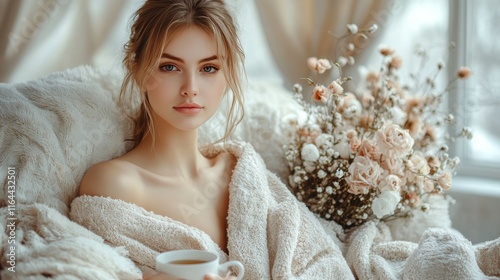 Smiling woman enjoys tea while relaxing with a bouquet of flowers indoors in ...