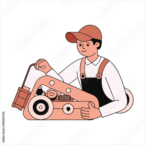 Vector illustration of a man fixing a car engine with tools on a white background.