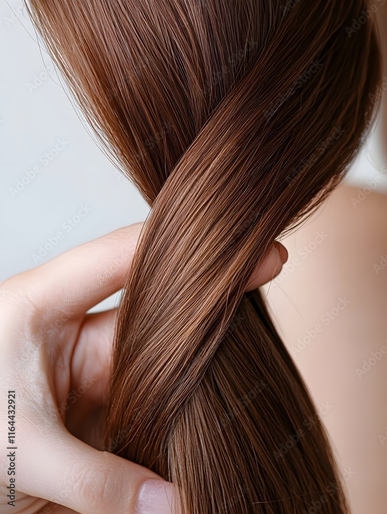Fototapeta premium Close up of woman holding a strand of beautiful healthy hair on white background hair care and beauty concept