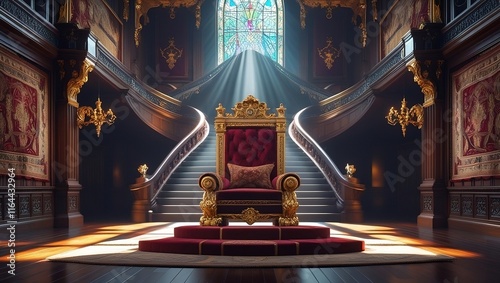 A real red throne placed inside in n beaitifull palace,a red throne,legendry thone photo