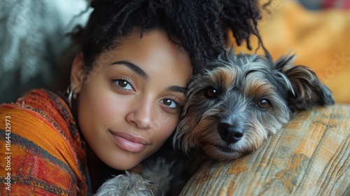 Woman cuddling a dog while enjoying cozy indoor atmosphere near a fireplace