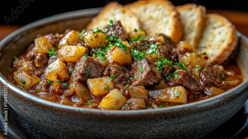 Delicious beef stew served with bread in a rustic bowl garnished with fresh h...