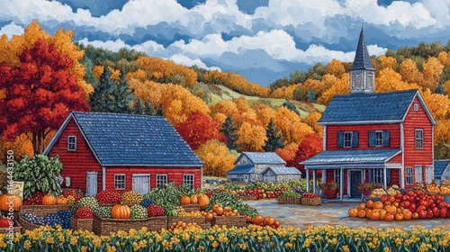 Colorful autumn landscape with red barns and pumpkins at a farm in a rural se...