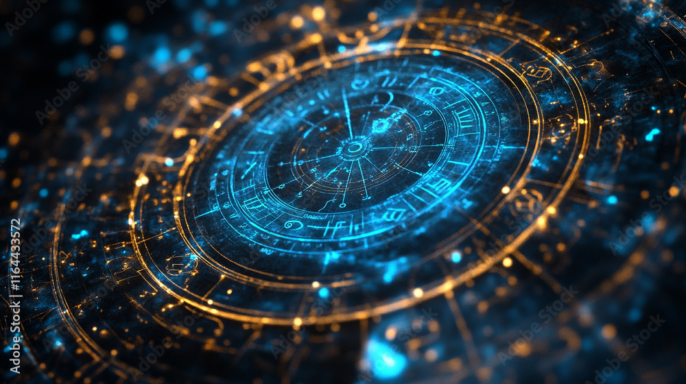 Fototapeta premium Vibrant celestial clock design depicting astrological symbols and cosmic energies
