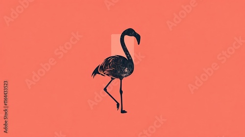 Solid salmon pink background with a miniature black flamingo motif in the center. photo