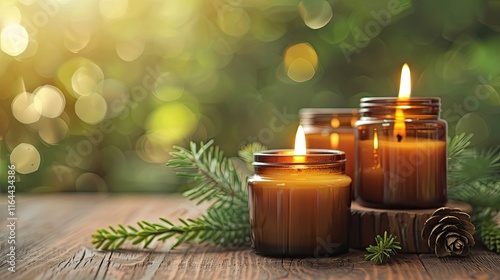 Candle in a brown glass jar and burning pine candles on a wooden table 