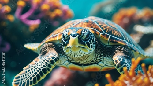 Sea Turtle Gliding Through Vibrant Coral Reef