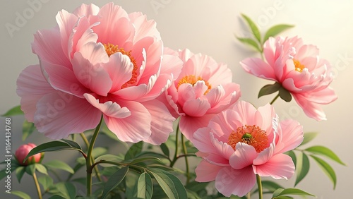 Radiant Pink Peonies, Delicate Petals, Lush Greenery, and Gradient Background - Asian Floral Art Style
