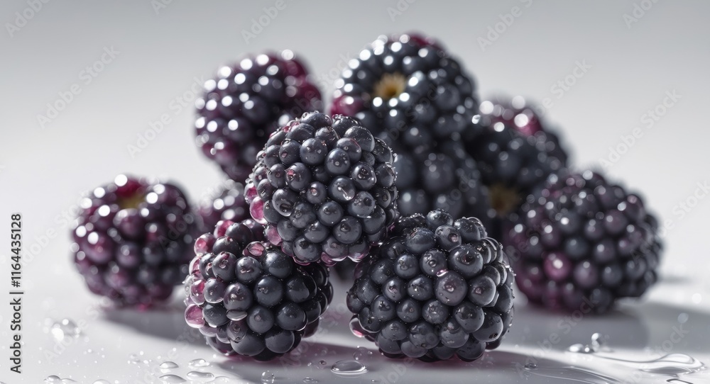 A bunch of black berries with droplets of water on them. A bunch of black berries with droplets of water on them.