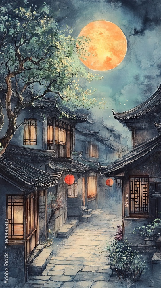 Fototapeta premium Serene Moonlit Night in an Ancient Chinese Village