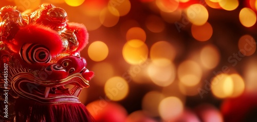 A vibrant lion dance decoration with bright colors and festive lights, symbolizing celebration and cultural heritage. photo