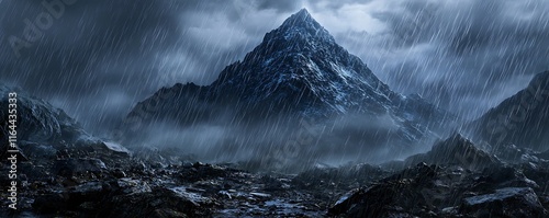 Dark, misty mountain peak with rain falling in sheets over the rocky landscape