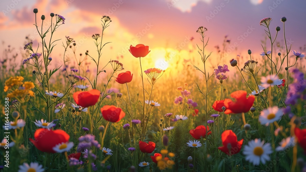 Fototapeta premium Vibrant Wildflower Meadow at Sunset, Poppies, Daisies, and Blooming Flowers in a Lush Green Field