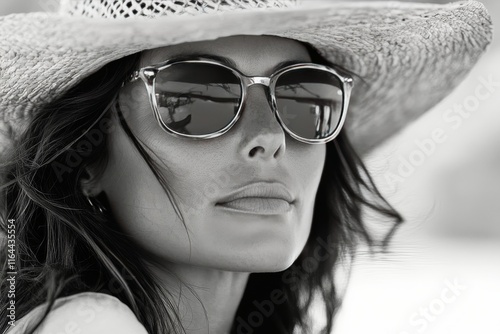Woman wearing a straw hat and sunglasses enjoying a sunny day outdoors