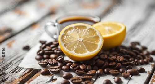 Fresh Coffee with Lemon and Coffee Beans on Wooden Background. photo