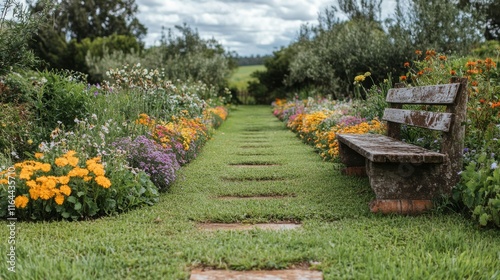 Lush backyard garden with colorful flowers and vegetable beds in a serene urb...