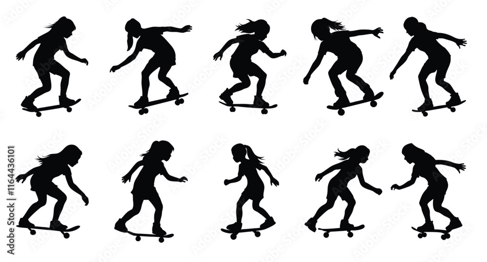 Obraz premium A set of girl play skateboard silhouettes vector illustration