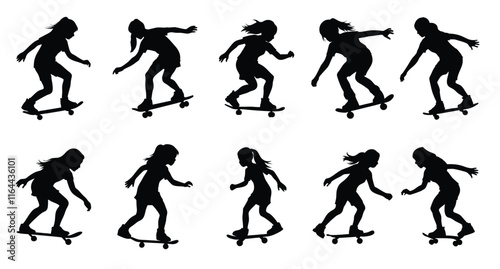A set of girl play skateboard silhouettes vector illustration