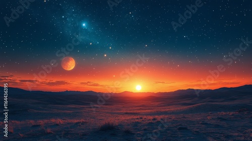 Full moon rising over a tranquil landscape at dusk, with stars sparkling in t...