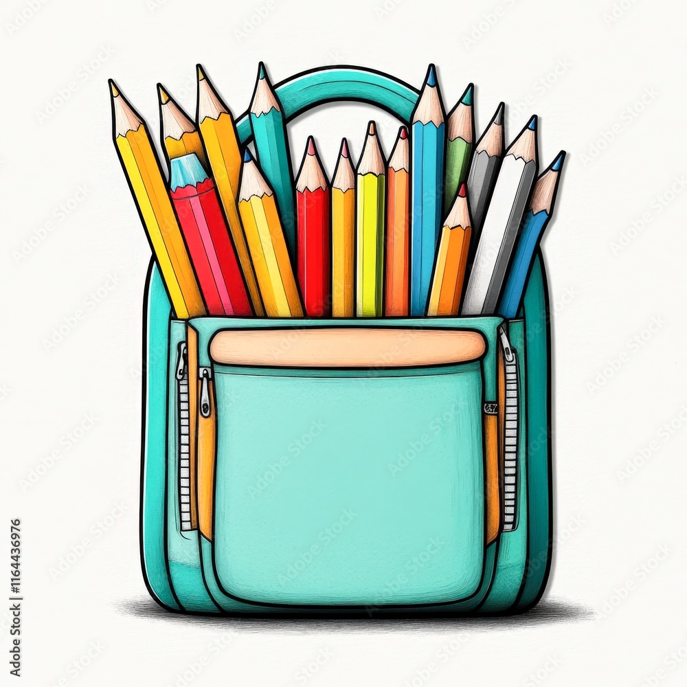 Fototapeta premium A vibrant backpack filled with colorful pencils, perfect for educational materials, art projects, or school-related promotions, This image adds a creative touch to any design project,
