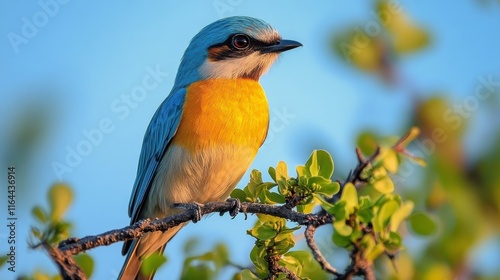 Colorful bird perched on a branch in a clear blue sky during a sunny day