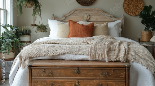 Cozy bedroom with wooden trunk and nautical art creating a warm and inviting ...