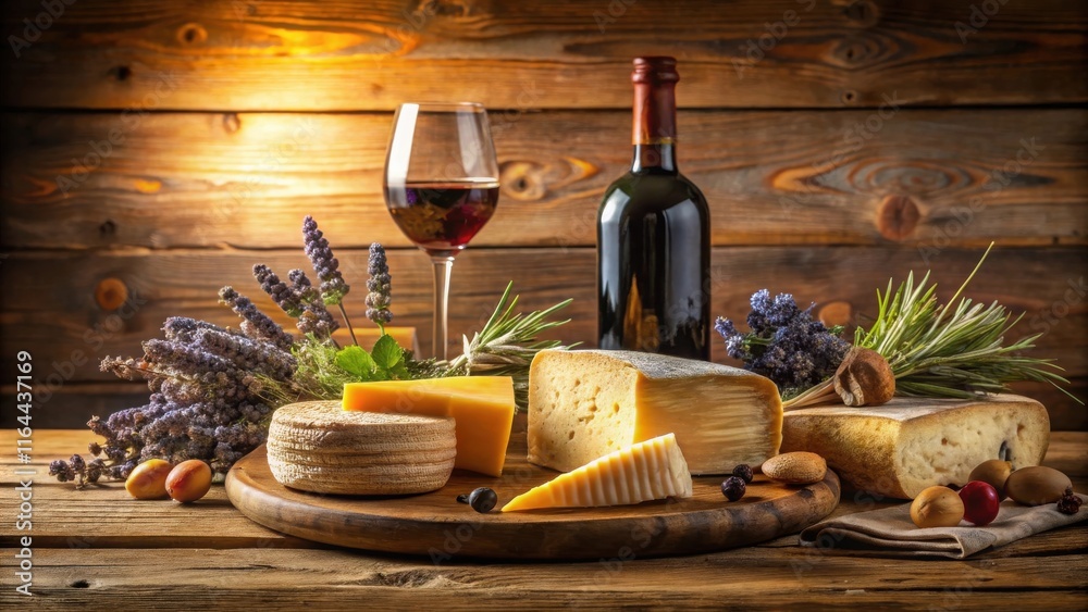 Naklejka premium A rustic still life featuring assorted cheeses, a glass of red wine, and a bottle of wine, complemented by sprigs of lavender and other herbs on a wooden table.