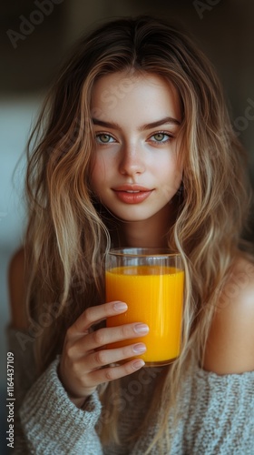 Young woman enjoying a refreshing orange juice in a cozy setting during the m...