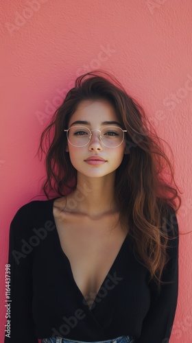 Young woman with curly hair and glasses poses against vibrant pink background...