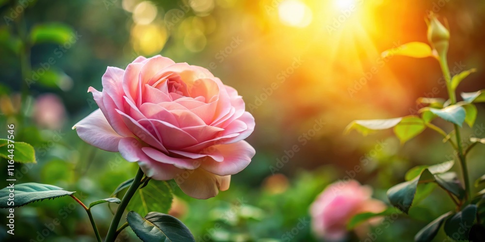 Obraz premium A Delicate Pink Rose Illuminated by the Warm Glow of Sunrise in a Lush Garden