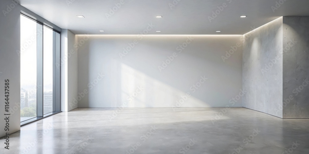 Fototapeta premium Modern Empty Room with Concrete Wall and Large Window Featuring Sunlit Floor