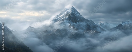 Dramatic mountain landscape, foggy peaks, cloudy sky, scenic vista, natural wonder