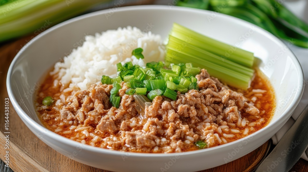 Delicious boiled rice soup with minced pork, fresh celery, and green onions served in a white bowl for a comforting meal. Delicious boiled rice soup with minced pork, fresh celery, and green onions served in a white bowl for a comforting meal.