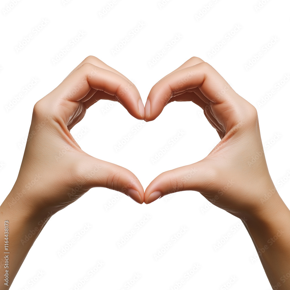 Woman making heart shape with hands on white background Woman making heart shape with hands on white background