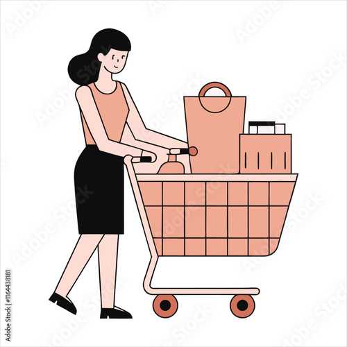 Vector illustration of a woman shopping for groceries in a store aisle on a white background