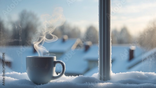 Winter vibes with a steaming mug and snowy rooftops. photo