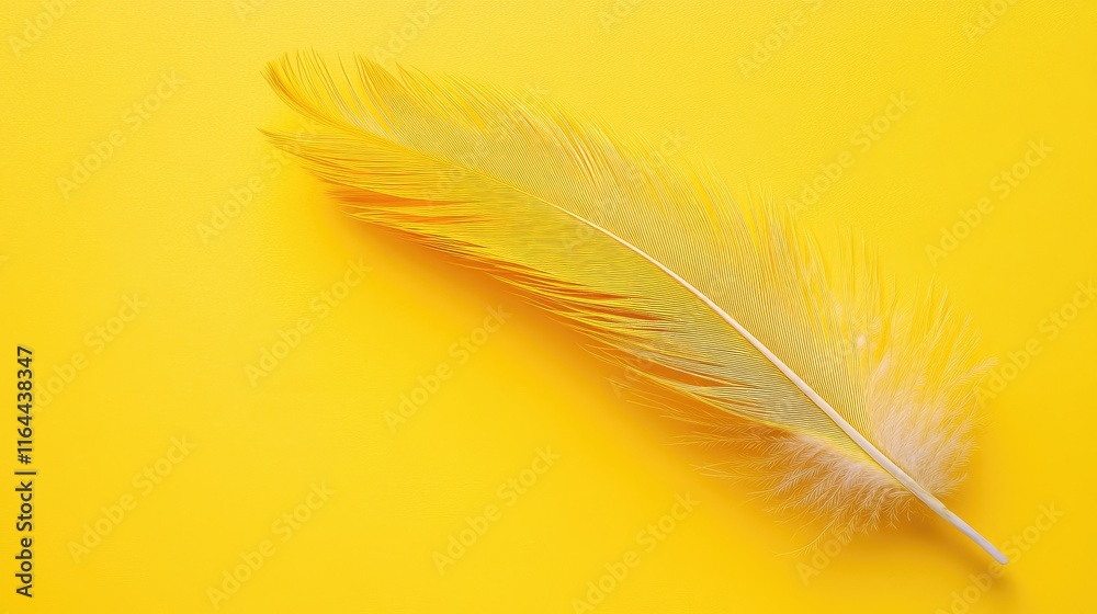 Fototapeta premium Vibrant yellow feather isolated on bright backdrop showcasing intricate details and softness ideal for design and nature themes