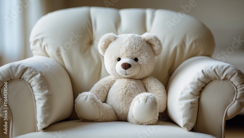Cute plush teddy bear sitting comfortably indoors.