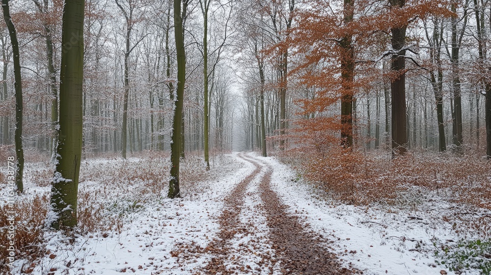 Serene winter forest pathway with fresh snow and vibrant autumn leaves in a tranquil snowy landscape Serene winter forest pathway with fresh snow and vibrant autumn leaves in a tranquil snowy landscape