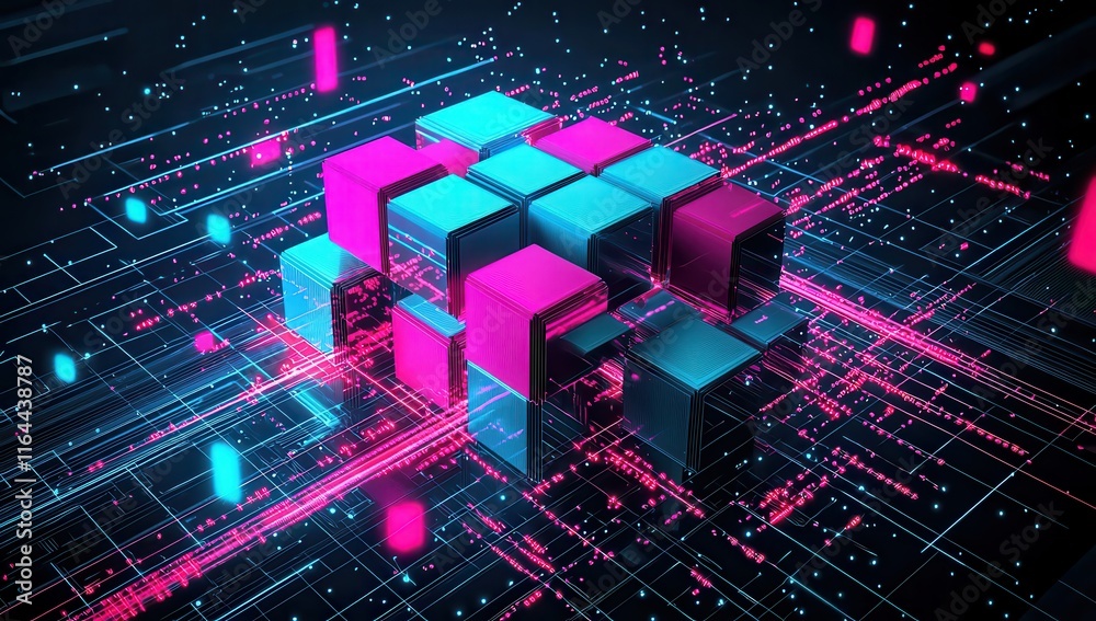 Vibrant magenta and blue blocks assembling into a sleek futuristic structure