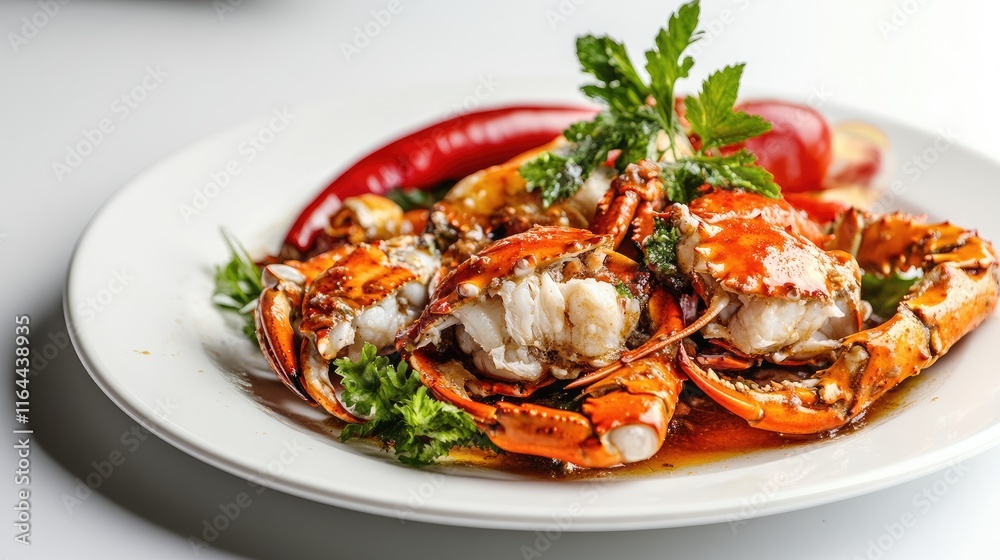 Delicious boiled crab with herbs and chili served on a white plate showcasing seafood elegance and culinary presentation Delicious boiled crab with herbs and chili served on a white plate showcasing seafood elegance and culinary presentation