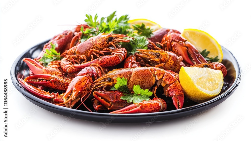 Boiled crawfish served on a black plate garnished with lemon and fresh herbs against a clean white background Boiled crawfish served on a black plate garnished with lemon and fresh herbs against a clean white background