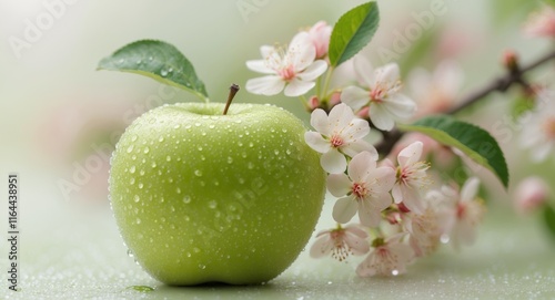 Fresh Green Apple with Blossoms on Soft Focus Background. photo