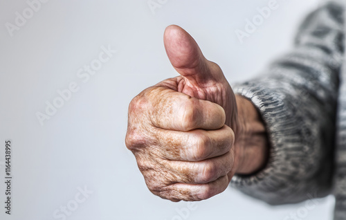 Optimistic Encouragement   East Asian Man s Hand Giving Thumbs Up Against White Background photo