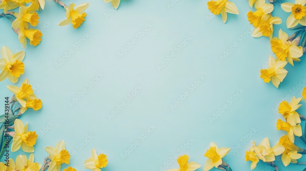 Vibrant yellow daffodils arranged in a flat lay on a light blue background with ample text space for spring themed designs Vibrant yellow daffodils arranged in a flat lay on a light blue background with ample text space for spring themed designs